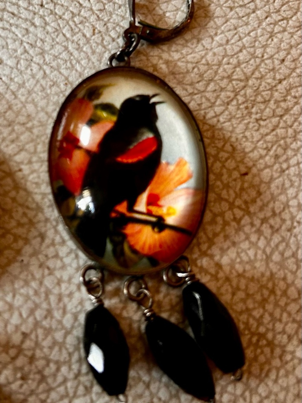 Hotcakes sterling silver earrings, bird design with obsidian beads. - Picture 2 of 2